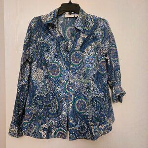 Chico's‎ blue paisley cotton L/S blouse NWOT Size 2/L